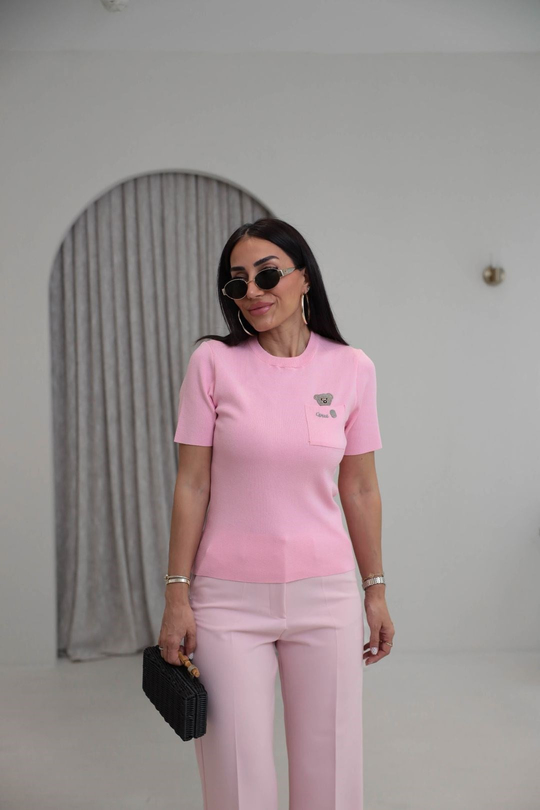 0640 Cebi Ayıcıklı Rayon Kumaş Bluz PEMBE