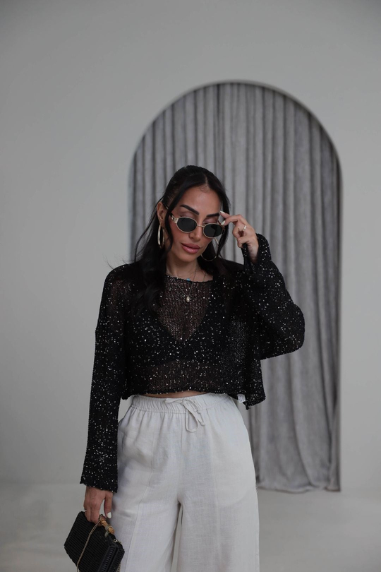 2765 Pul Payet Crop Bluz SİYAH