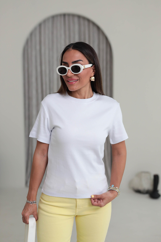 1075 Bisiklet Yaka Pamuklu Basic Tshirt BEYAZ