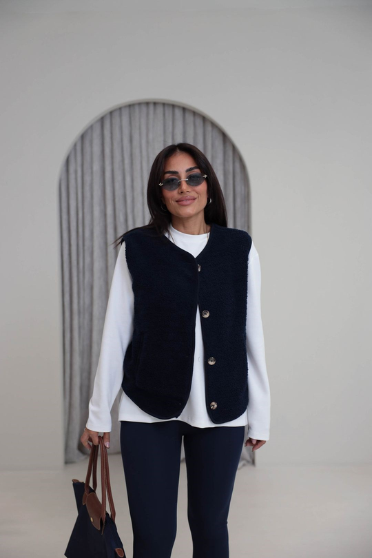 3242 Düğme Detaylı Oys Model Peluş Yelek LACİVERT