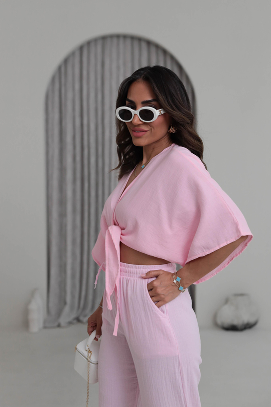 4729 Müslin Kumaş Bağlama Detay Bluz PEMBE