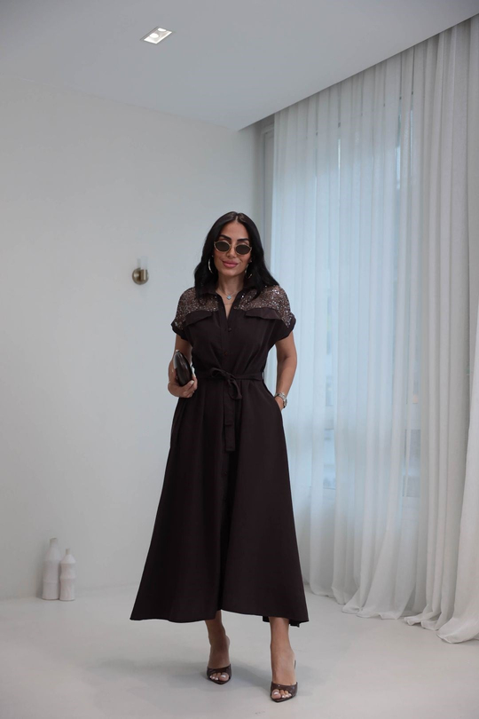 7184 Pul ve File Detaylı Tencel Kumaş Elbise KAHVE
