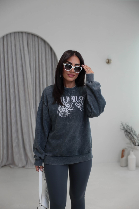 9106 Kaplan Baskılı Ribanalı İki İplik Sweatshirt ANTRASİT