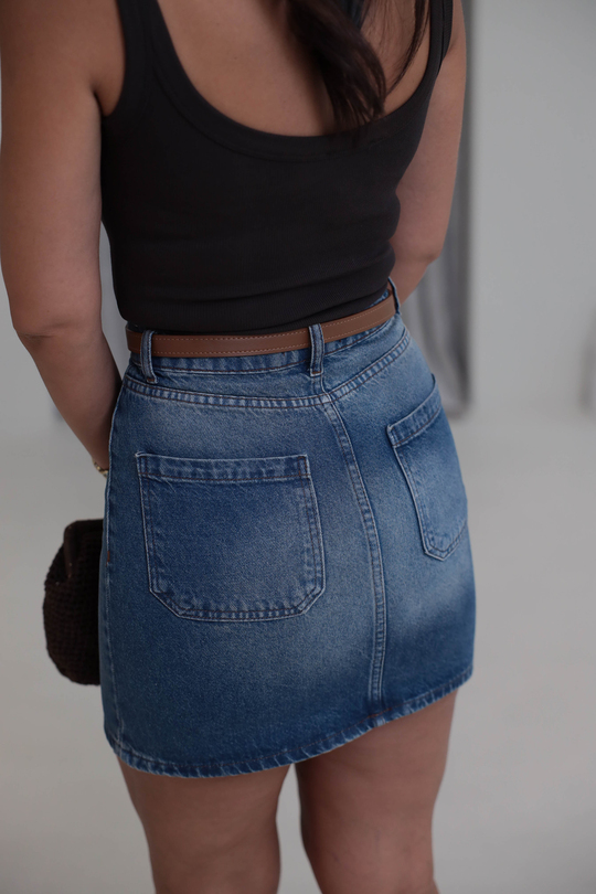 202 Ön Cep Detaylı Kemerli Mini Denim Etek MAVİ