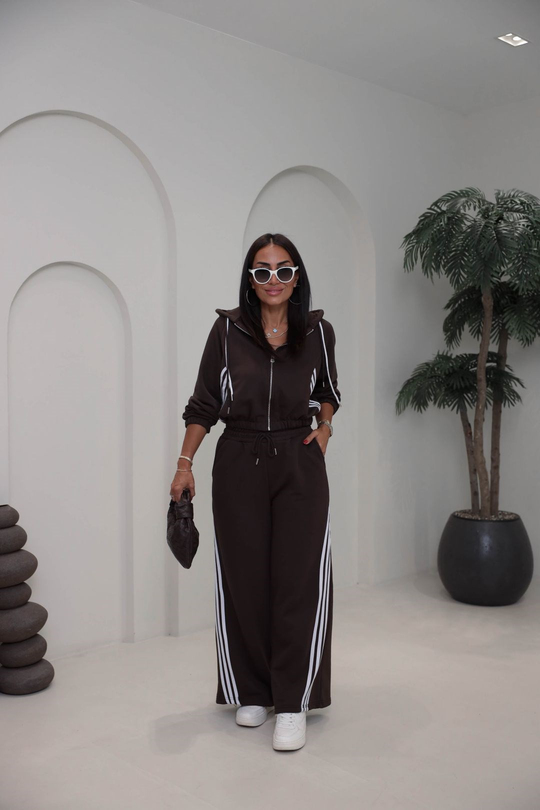 4285 Şerit Detaylı Fermuarlı Sweat Pantolon Takım KAHVE