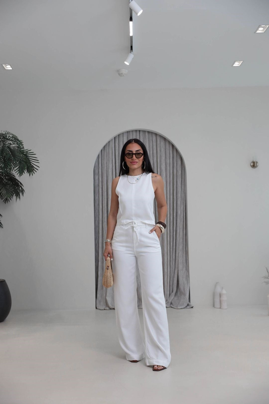 8289 Sıfır Kol Arkası Fermuarlı Tencel Kot Pantolon Bluz Takım BEYAZ