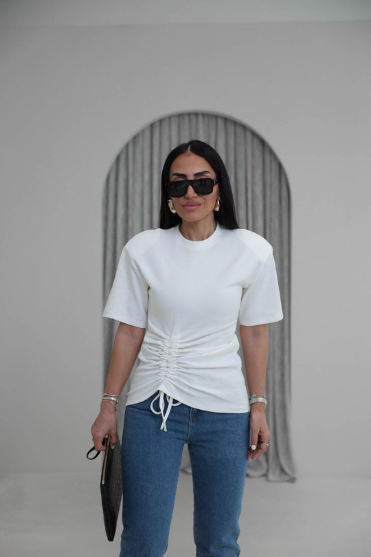 1025 Vatkalı Pamuklu Büzgü Detay Tshirt EKRU