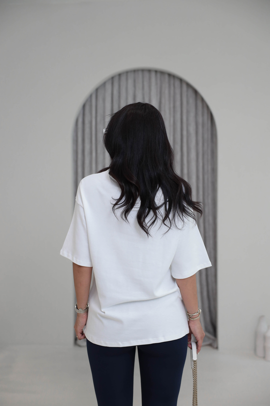 2031 Sol Deniz Yıldızı Desenli Oversize Pamuklu Tshirt EKRU
