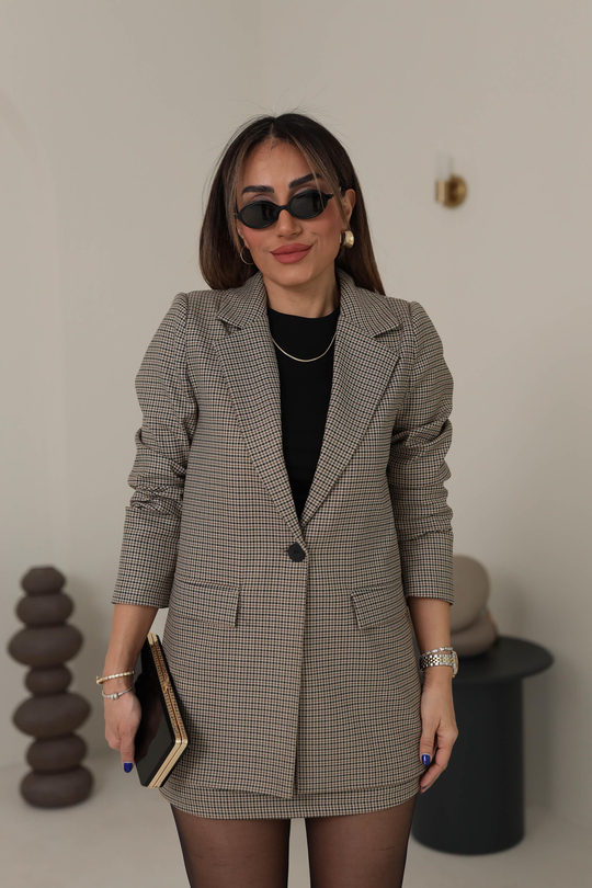 Kazayağı Desenli Blazer Ceket BEJ-KAHVE