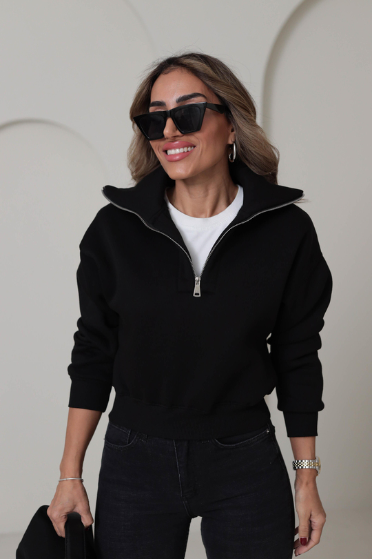 132 Fermuar Detaylı Crop Sweatshirt SİYAH
