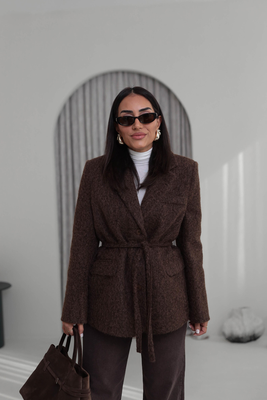 7368 Kuşak Detaylı Blazer Kaşe Ceket ACI KAHVE