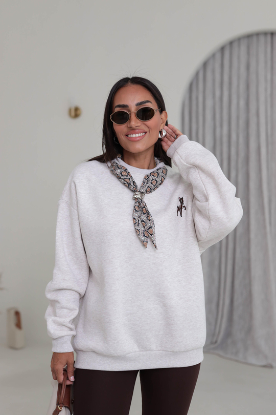 0909 Şal Detaylı Figürlü Şardonlu Sweatshirt KREM