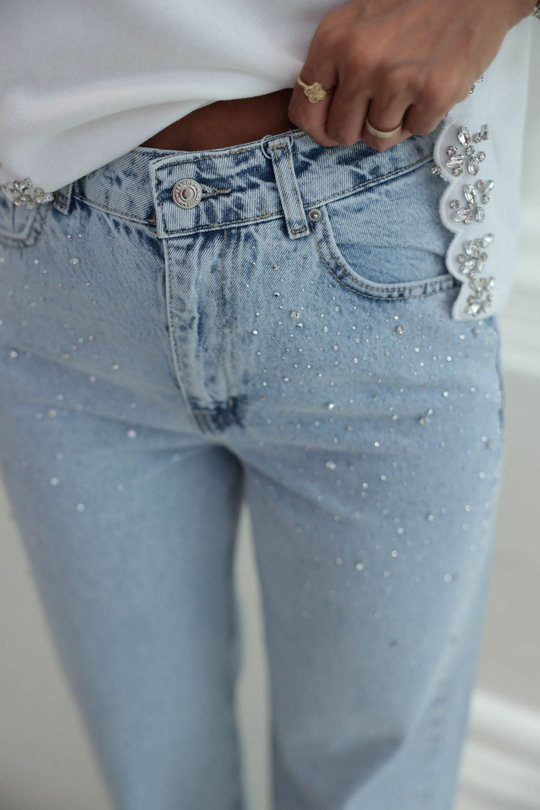 1071 Serpme Taş Detaylı Yüksek Bel Denim Pantolon BUZ MAVİ