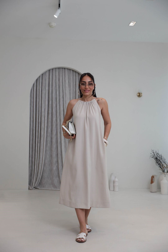 1106C İpli Halter Yaka Cepli Tencel Elbise TAŞ