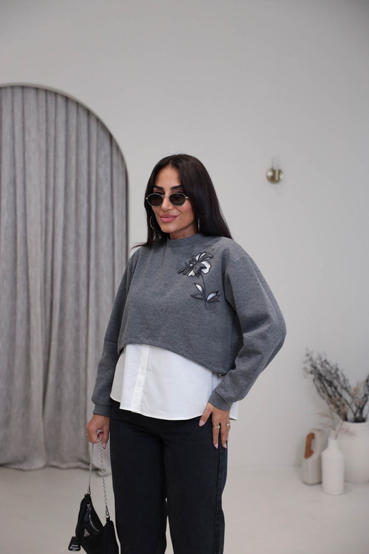 1154 Nakış Gömlek Detaylı Sweatshirt GRİ