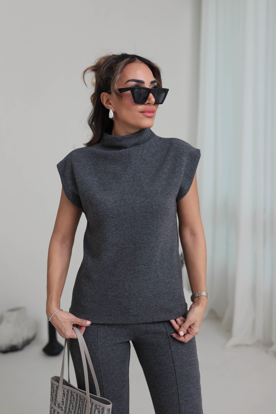 1342 Dik Yaka Örme Kumaş Bluz ANTRASİT