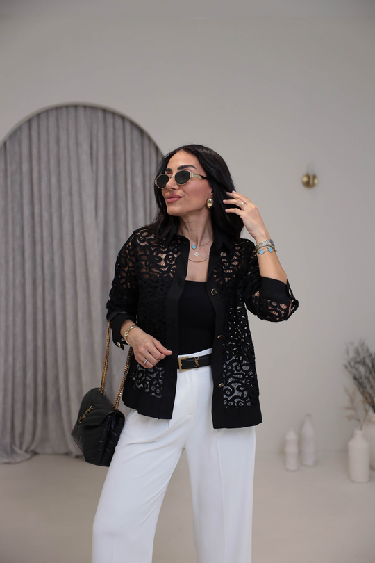 7282 Gömlek Yaka Poplin Garnili Güpürlü Ceket SİYAH