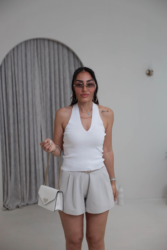 9022 Süet Kemerli Tencel Kumaş Şort TAŞ