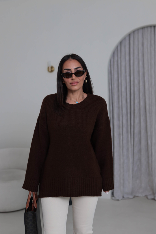 0100 Bisiklet Yaka Oversize Düz Kazak KAHVE