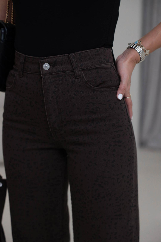 0248 Leopar Desen Düz Paça Jean Pantolon KAHVE