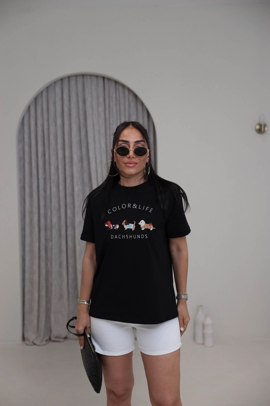 Tasarım Köpek Nakışlı Pamuklu Tshirt SİYAH