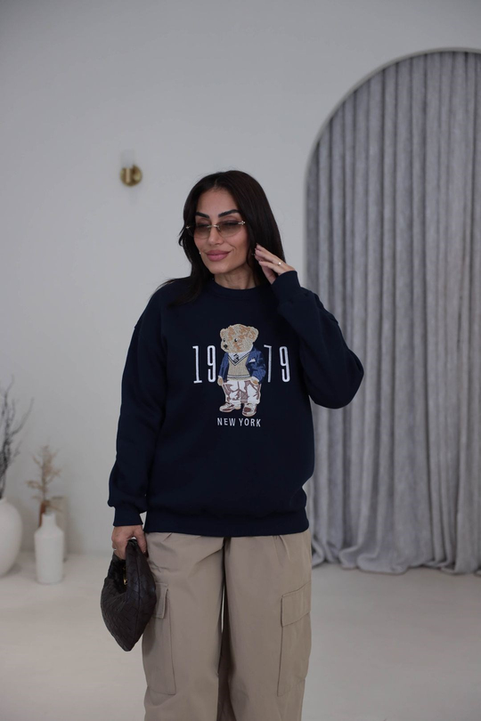 0417 Reglan Kol Teddy Nakışlı Sweatshirt LACİVERT