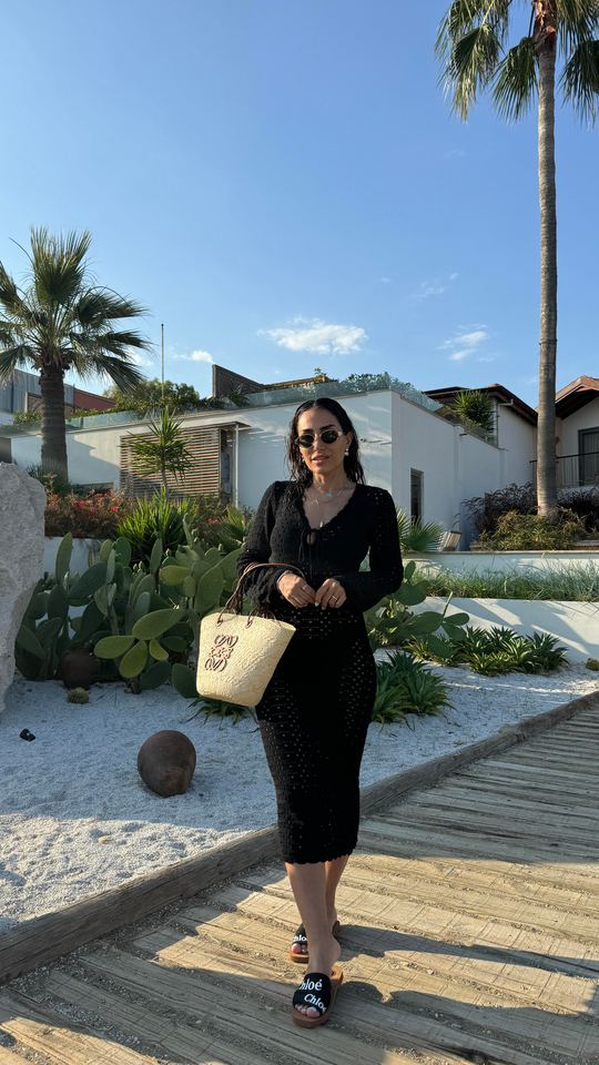5246 Ajurlu V Yaka Beach Elbise SİYAH