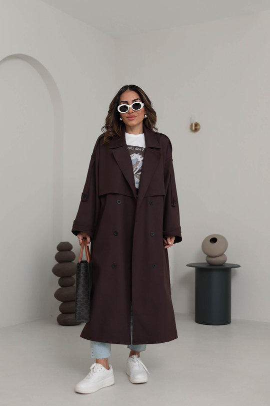 9476 Kol ve Omuz Apoletli Premium Trench ACI KAHVE