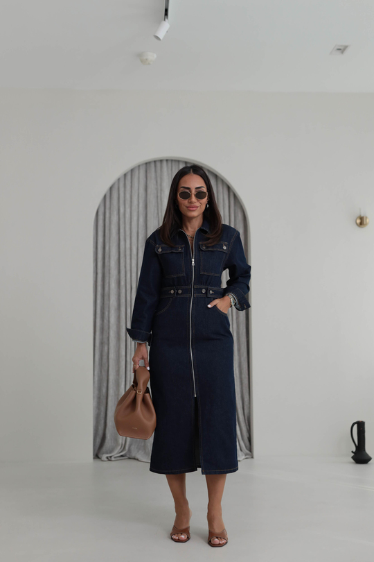 9279 Bel Gipeli Cep Detaylı Fermuarlı Jean Elbise LACİVERT