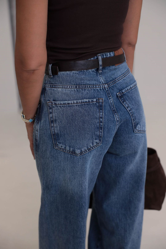 1067 Yanları Dikiş Detaylı Wide Leg Denim Pantolon TİNTLİ MAVİ