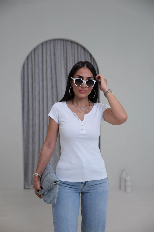 2688 Yaka Düğme Detaylı Pamuklu Tshirt BEYAZ
