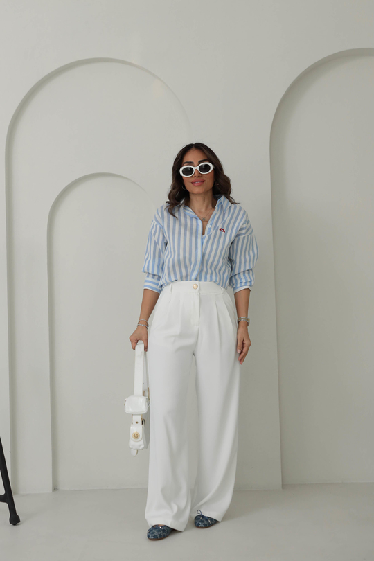 7053 Çizgili Kalp Nakışlı Cotton Gömlek MAVİ