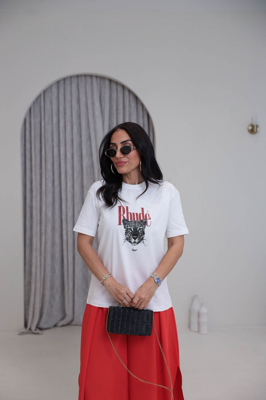 4305 Leopar Baskılı Pamuklu Tshirt BEYAZ
