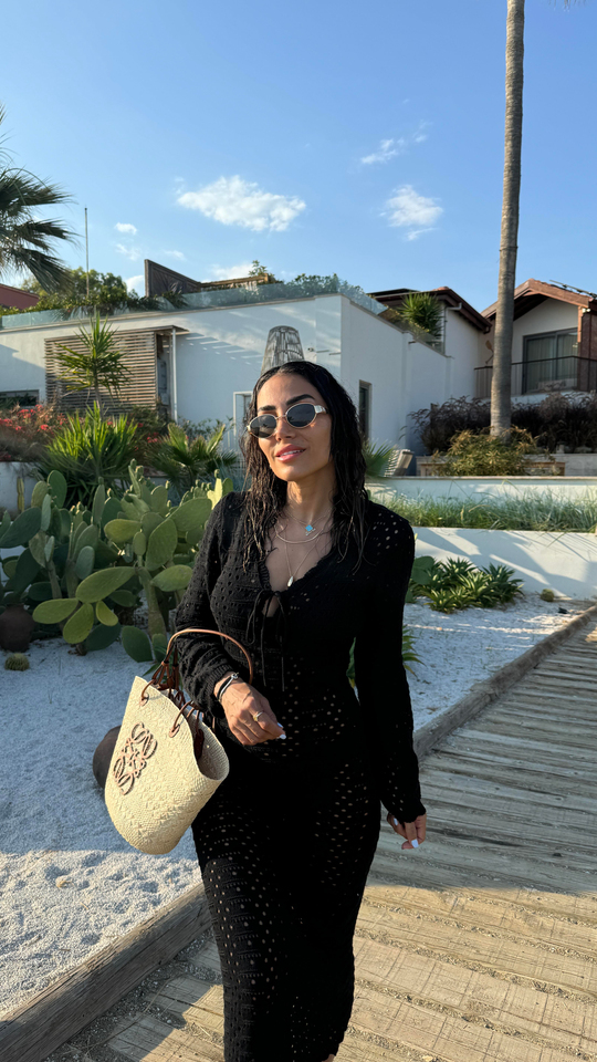 5246 Ajurlu V Yaka Beach Elbise SİYAH