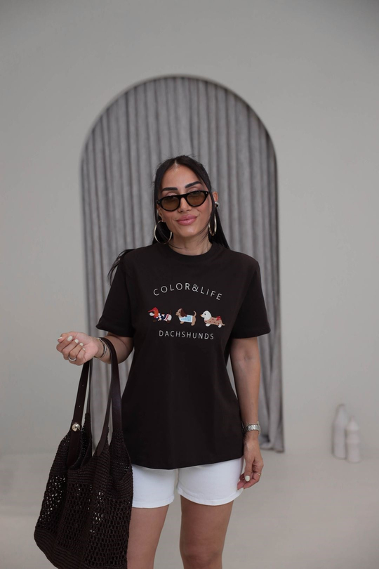 Tasarım Köpek Nakışlı Pamuklu Tshirt KAHVE