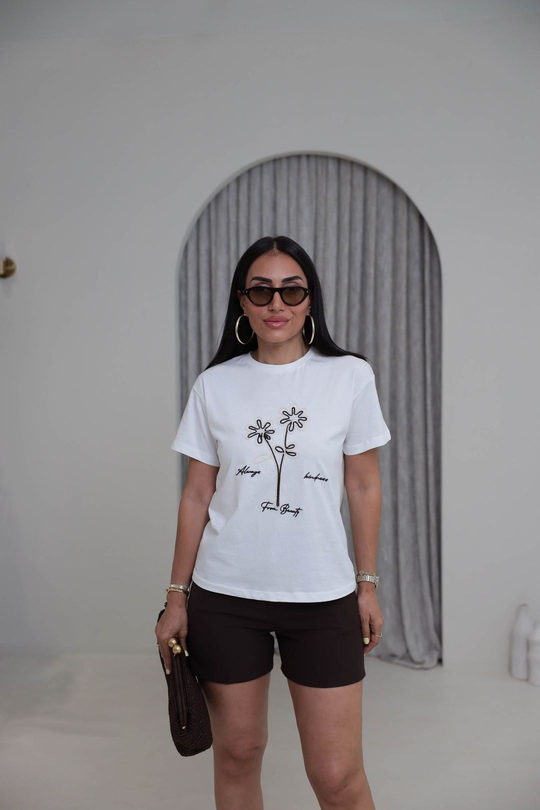 2205 Floral Kahve Nakışlı Pamuklu Tshirt EKRU