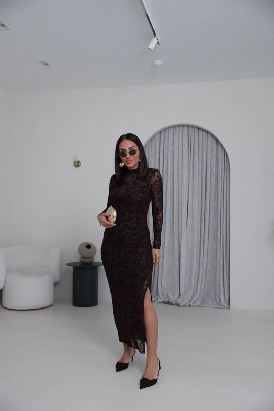 1164 Flok Baskılı Yırtmaçlı Maxi Boy Tül Elbise ACI KAHVE