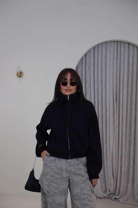 2421 Dik Yaka Fermuarlı Reglan Kol 3 İplik Sweatshirt SİYAH