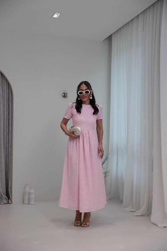 7139 Fisto Kumaş Astarlı Uzun Elbise PEMBE