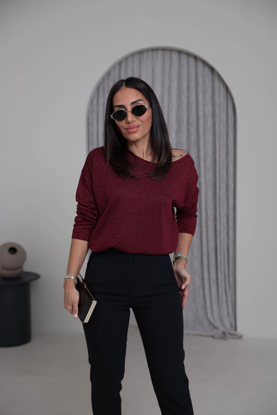 Kayık Yaka Simli Bluz BORDO