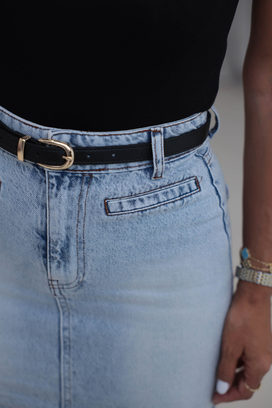 202 Ön Cep Detaylı Kemerli Mini Denim Etek BUZ MAVİ