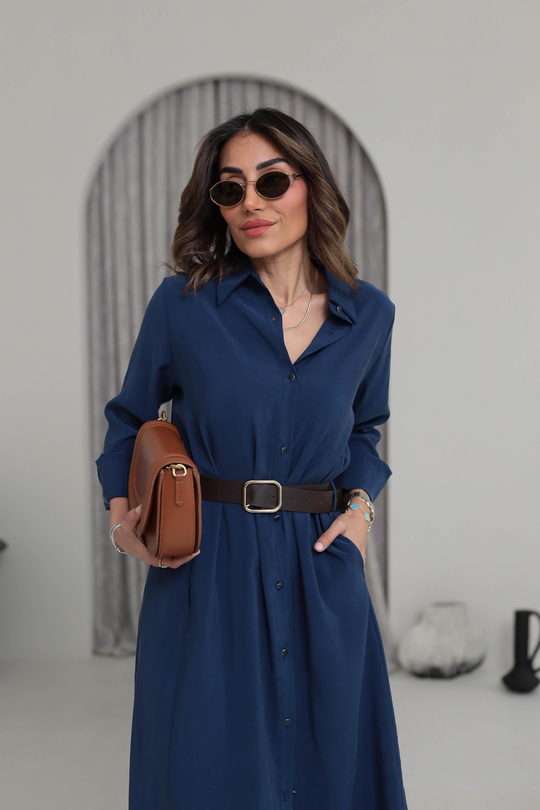 0286 Gold Düğmeli Tencel Gömlek Elbise LACİVERT
