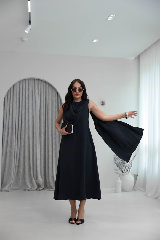 3419 Şal Detaylı Tencel Kumaş Sıfır Kol Elbise SİYAH