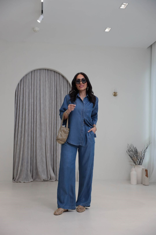 0926 Tencel Kumaş Gömlek ve Pantolon Takım KOYU MAVİ