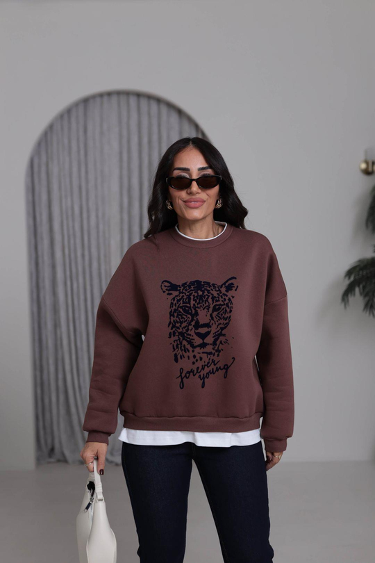 0612 Leopar Baskılı Şardonlu Garnili Sweatshirt KAHVE