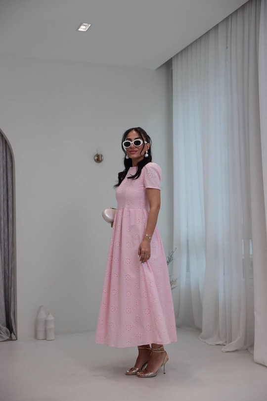 7139 Fisto Kumaş Astarlı Uzun Elbise PEMBE