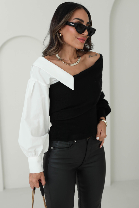 4256 Gömlek Garnili Triko Bluz SİYAH