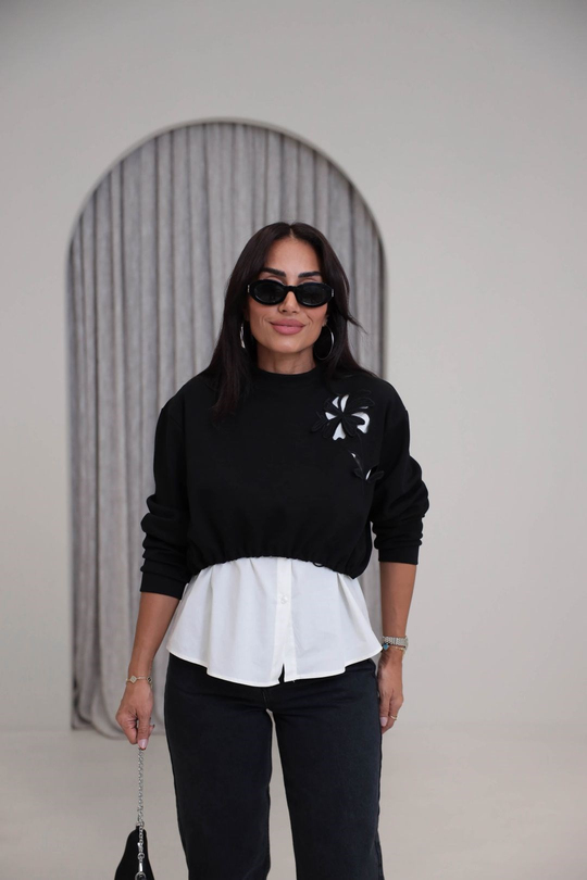 1154 Nakış Gömlek Detaylı Sweatshirt SİYAH