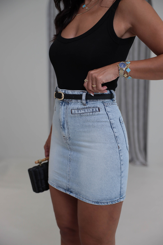 202 Ön Cep Detaylı Kemerli Mini Denim Etek BUZ MAVİ