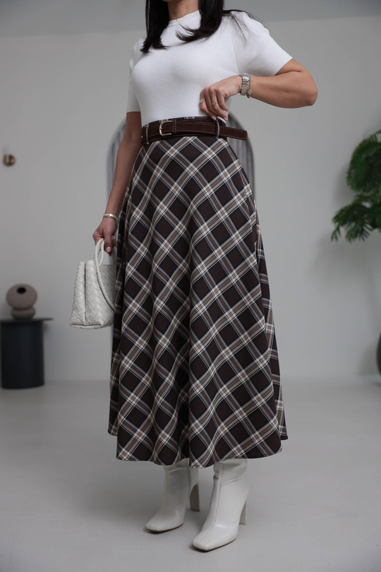 8461 Süet Kemerli Ekose Maxi Etek KAHVE